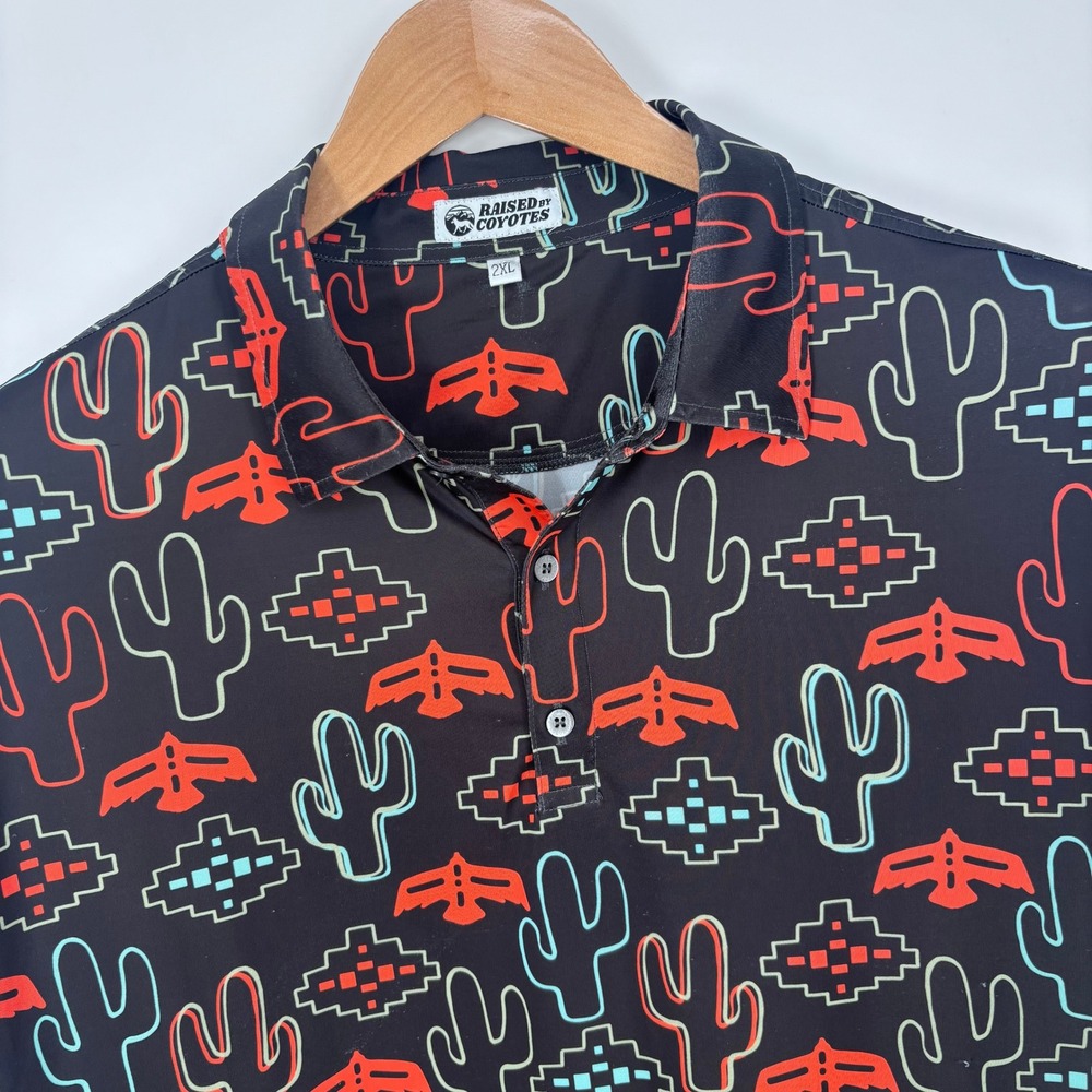 Raised By Coyotes Polo Shirt Mens 2XL Black Cactus Southwestern Golf *FLAW
